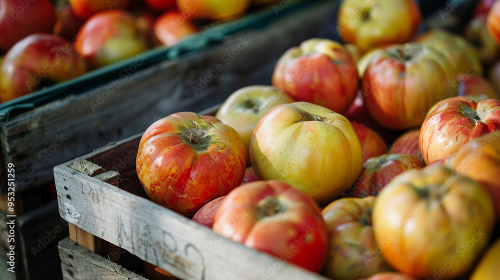A close-up shot of fresh produce like tomatoes or apples in a crate, emphasizing the vibrant colors and freshness. A close-up shot of fresh produce like tomatoes or apples in a crate, emphasizing the vibrant colors and freshness.