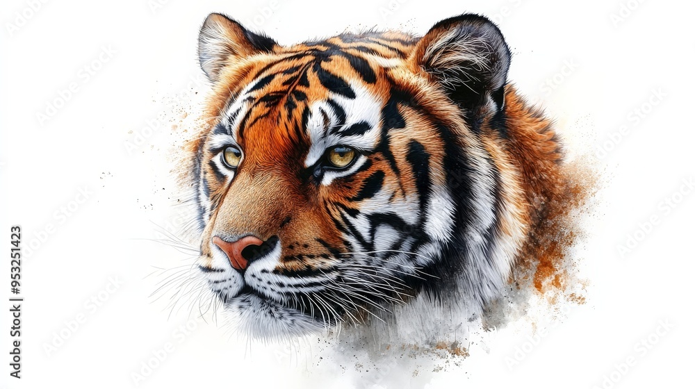 Naklejka premium Tiger Portrait: A majestic Bengal tiger stares intently with piercing yellow eyes, its orange and black stripes highlighted in a captivating watercolor-style portrait. The tiger's powerful presence an