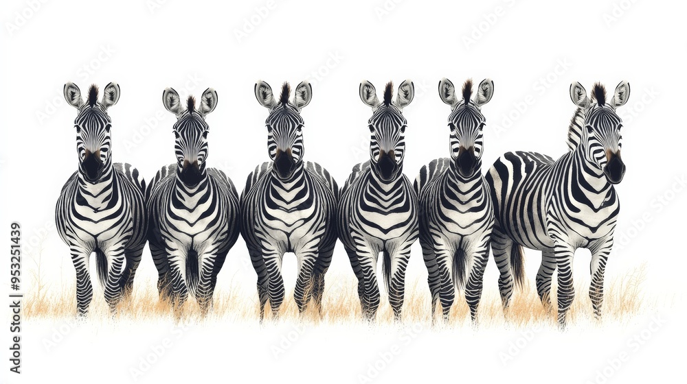 Fototapeta premium Zebra Ensemble: A striking portrait of six zebras, their stripes a symphony of black and white, set against a pristine white backdrop.