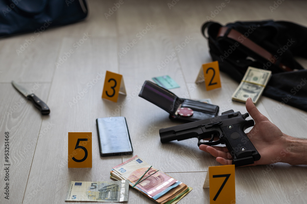 Fototapeta premium Blood splatter on a white background. Domestic violence Killer Murder concept.