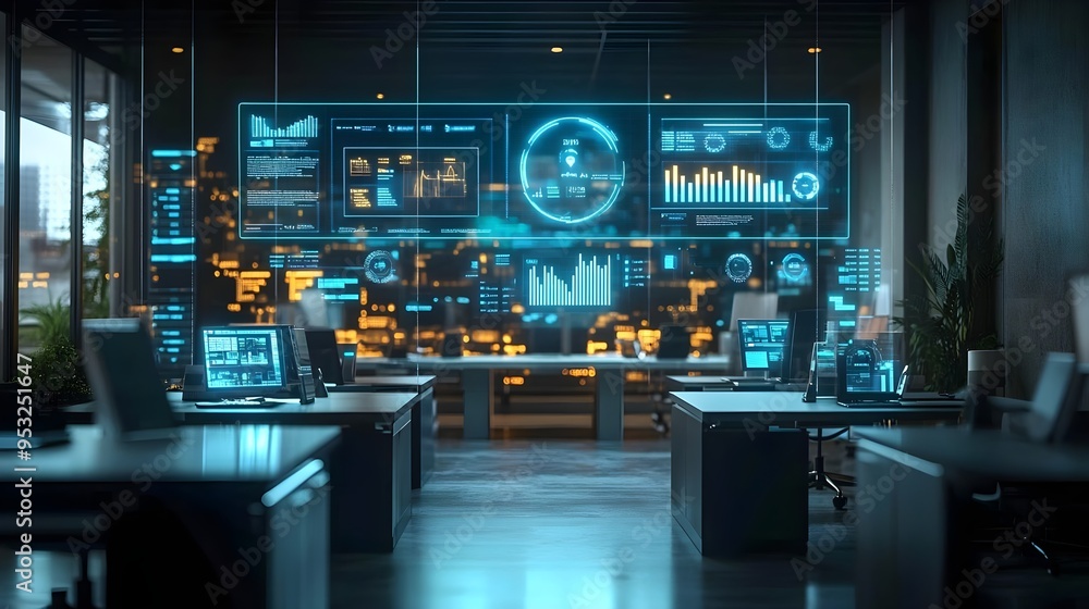 Modern Office with Futuristic Data Display Modern Office with Futuristic Data Display