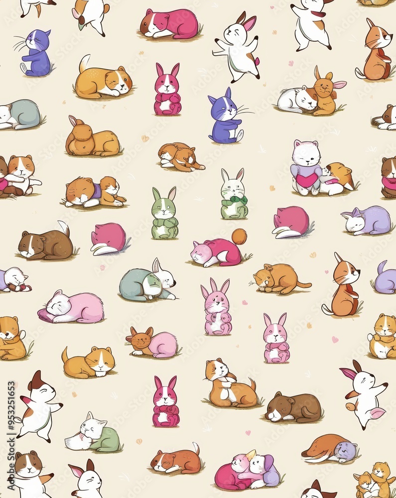 Fototapeta premium The wallpaper has a playful and cheerful mood, with some animals sleeping. Images and textures tileable, tileable pictures. background