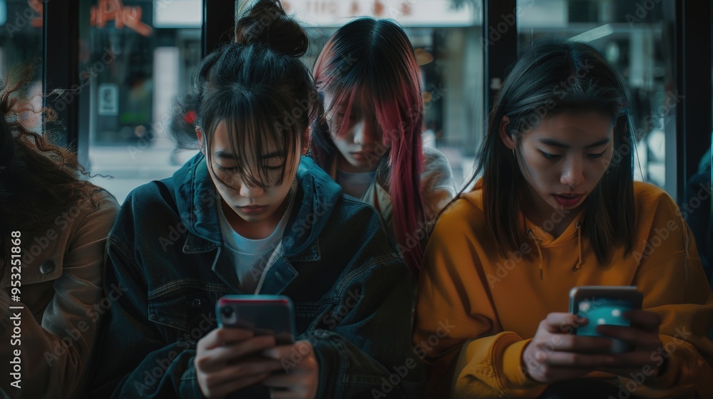 Fototapeta premium Group of women sitting together using their smartphones