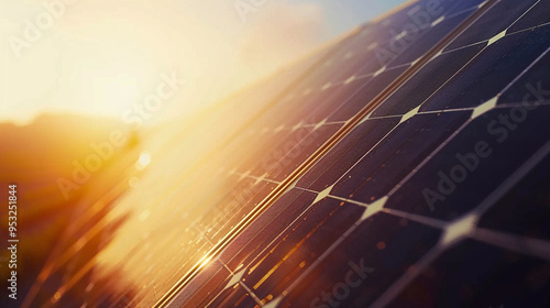 A close-up of solar panels with sunlight reflecting off the surface, highlighting renewable energy resources.