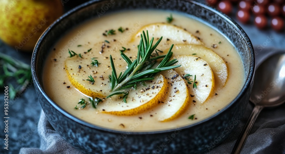 Creamy lemon soup garnished with herbs and lemon slices served in a rustic bowl Creamy lemon soup garnished with herbs and lemon slices served in a rustic bowl