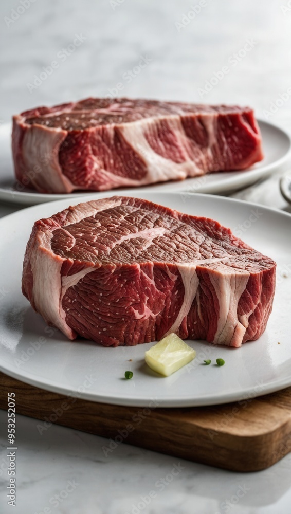 A close up of cuts of meat, steak with herbs and spices on top A close up of cuts of meat, steak with herbs and spices on top