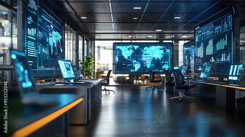 Modern Office with Global Data and Technology Screens