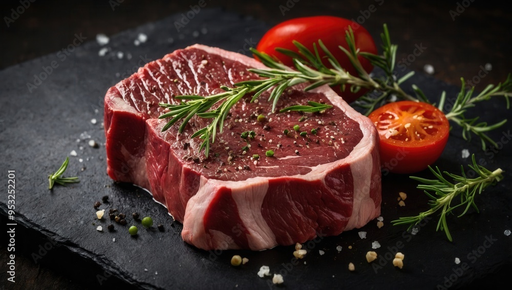A close up of cuts of meat, steak with herbs and spices on top A close up of cuts of meat, steak with herbs and spices on top