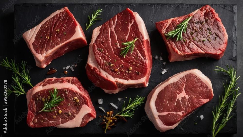 A close up of cuts of meat, steak with herbs and spices on top A close up of cuts of meat, steak with herbs and spices on top