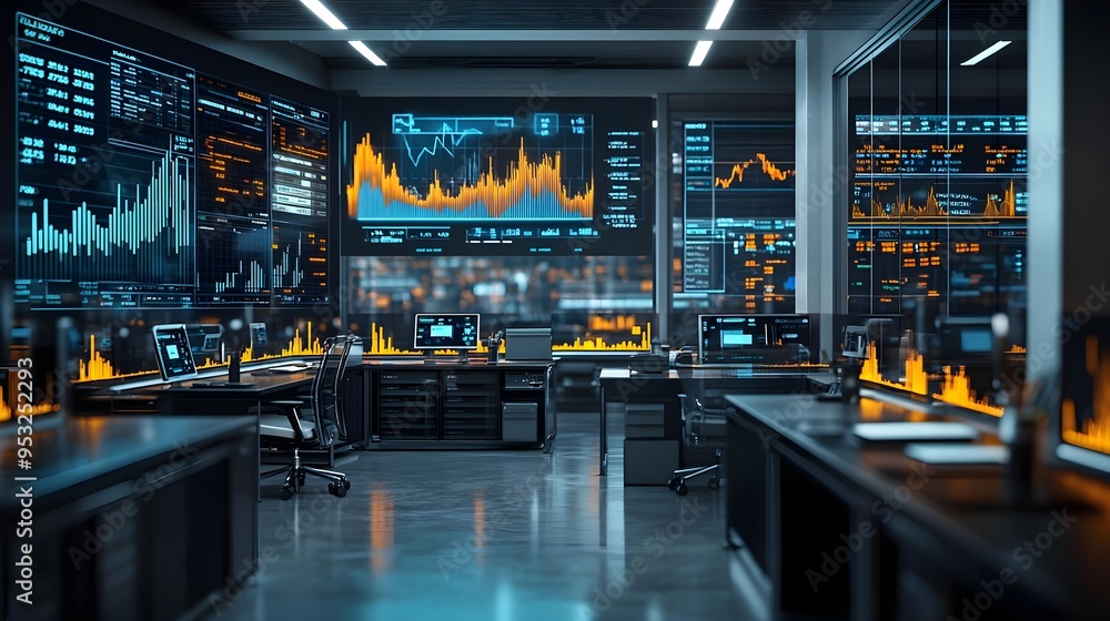 Modern Stock Trading Office with Data Screens Modern Stock Trading Office with Data Screens