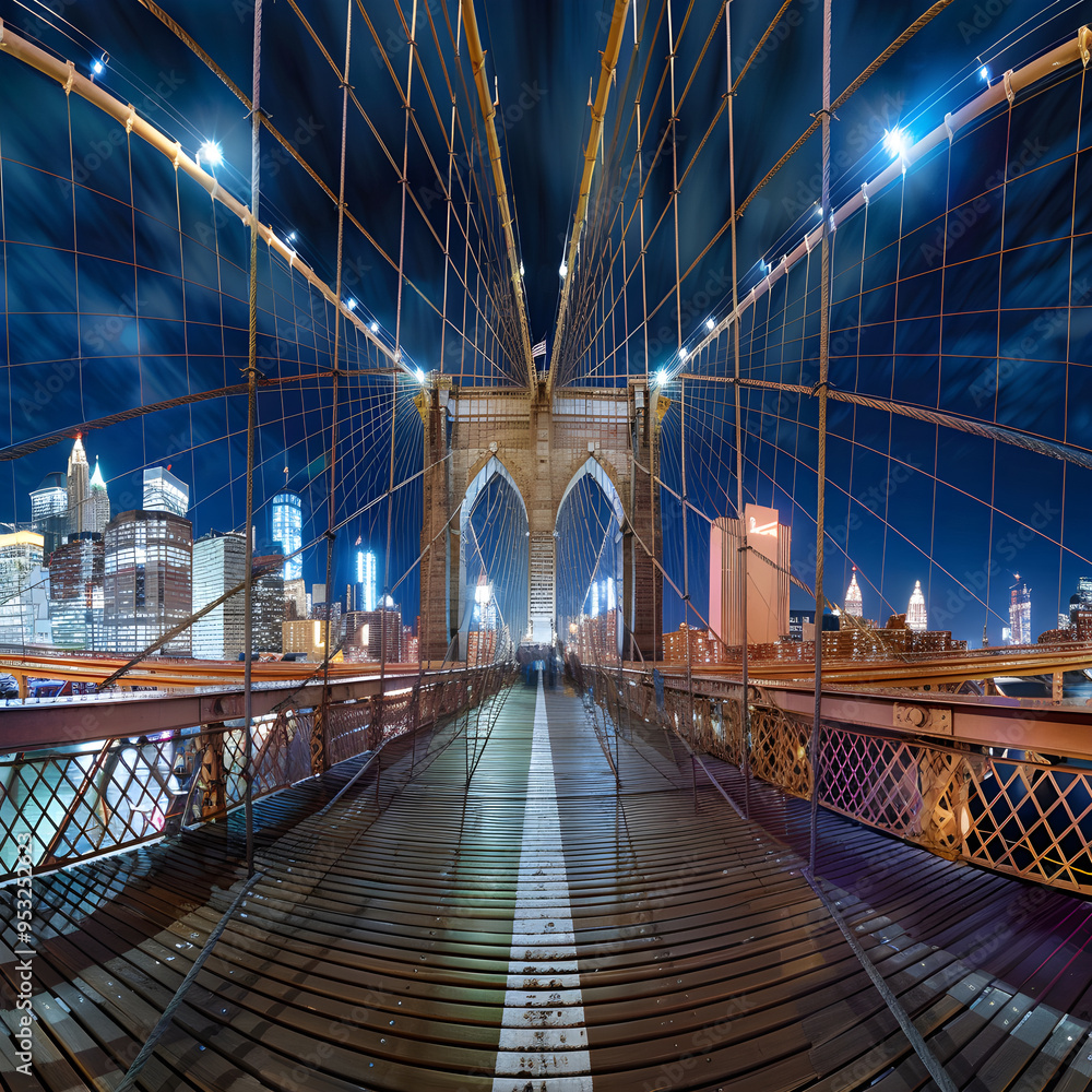 Obraz premium Panoramic view of the iconic brooklyn bridge illuminated at night with tourists walking on it and the city skyline in the background