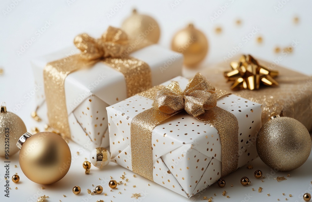 Elegant holiday gifts and golden ornaments arranged on a snowy background for festive celebrations Elegant holiday gifts and golden ornaments arranged on a snowy background for festive celebrations