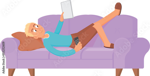 Happy boy lay on couch. Lazy teen relax