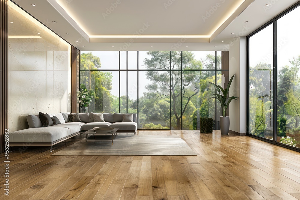 Modern Living Room with Large Windows and Garden View Modern Living Room with Large Windows and Garden View