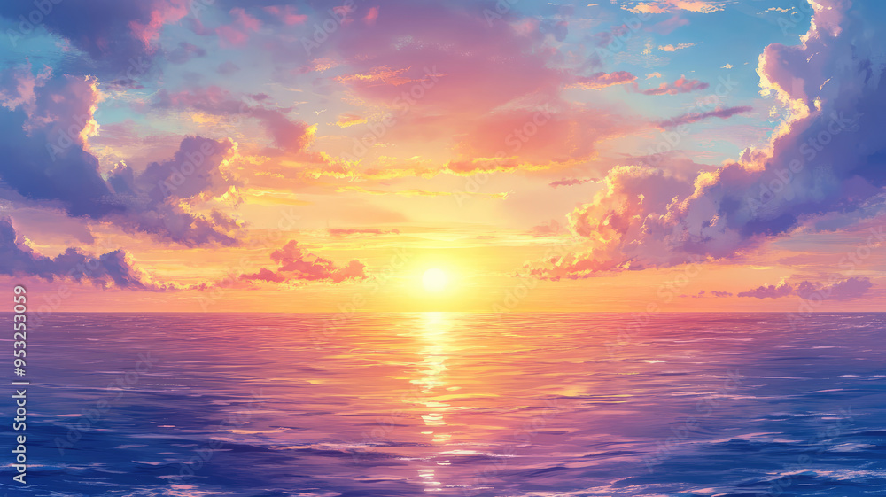 Fototapeta premium breathtaking horizon at sea during sunset, anime scene, detailed hyper realistic image