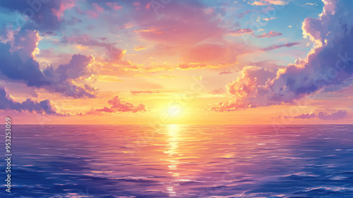 breathtaking horizon at sea during sunset, anime scene, detailed hyper realistic image