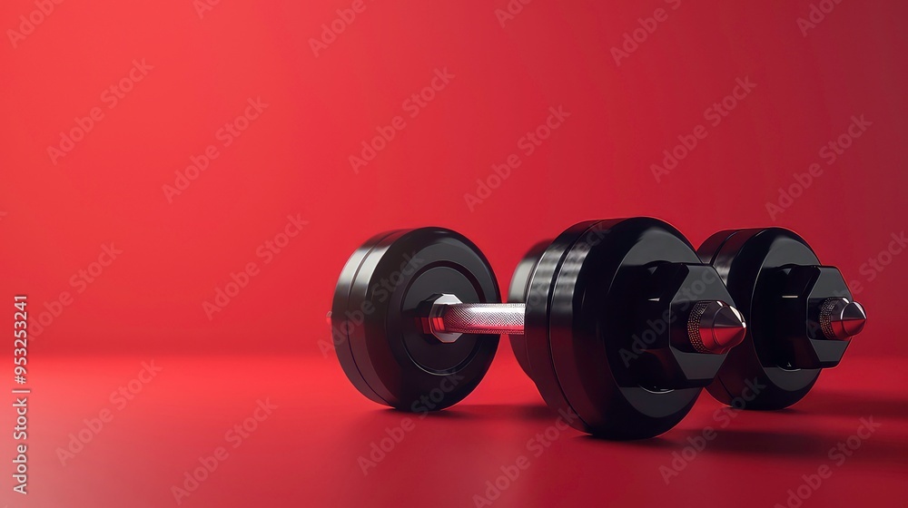 Close-up of a black dumbbell on a brown background. Close-up of a black dumbbell on a brown background.