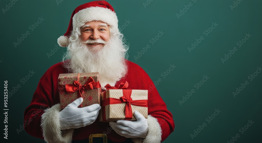 Naklejka premium Cheerful Santa Claus holding colorful presents against a green backdrop during the holiday season