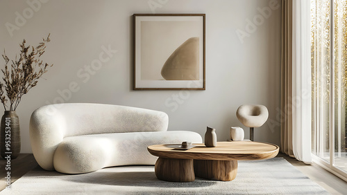 Interior design of modern living room with accent white armchair and frame on wall,White sofa and accent coffee table against arch wall,japandi interior design of modern living room, Minimalist, Ai