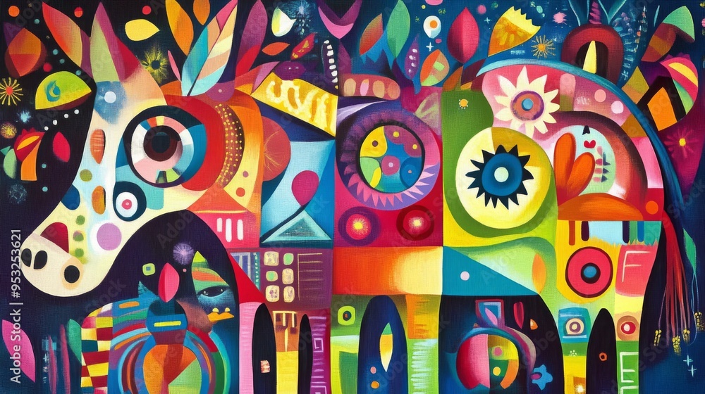 Whimsical Abstract Cubism Animals in Intricate Folk Art Style Whimsical Abstract Cubism Animals in Intricate Folk Art Style