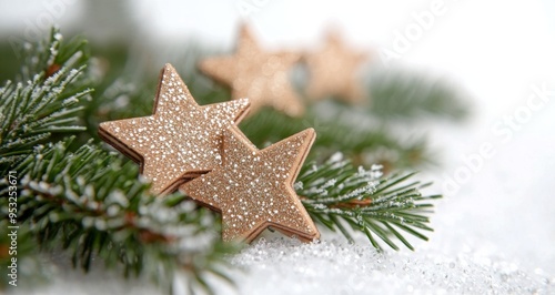 Decorative golden stars placed on a snowy pine branch during the winter season