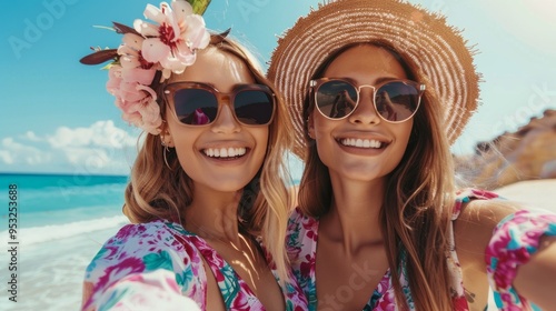 Two women wearing sunglasses and hats are smiling for a photo photo