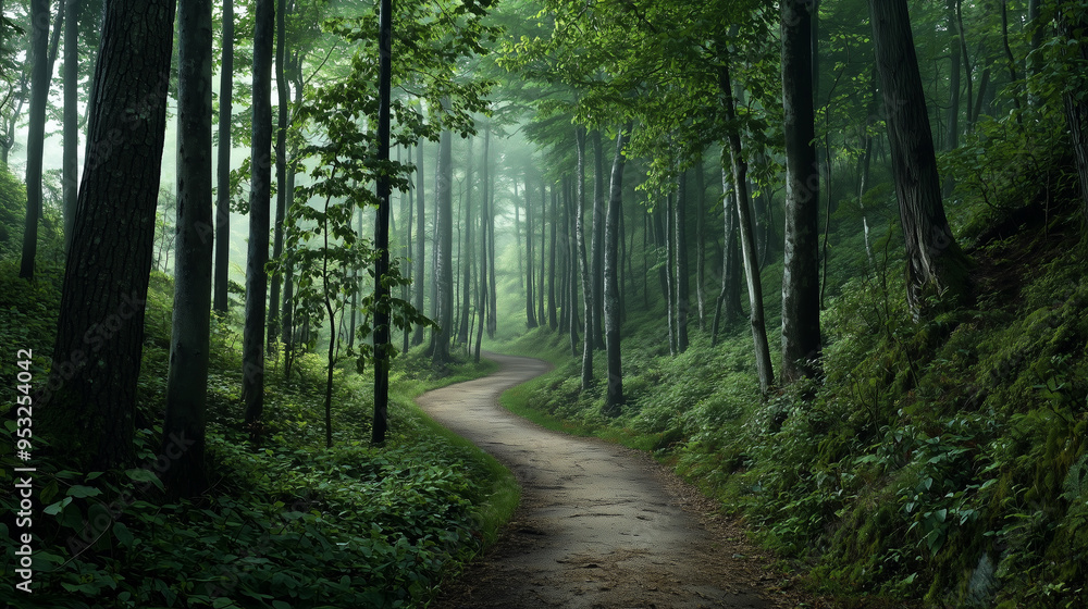 Obraz premium Sunlit Forest Path in the Morning Mist