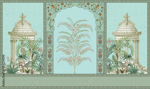 Traditional Mughal Wall Design, Mughal Arch, Peacock, Flower, Seamless Border, Dome.