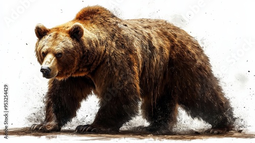 Majestic Grizzly Bear in Watercolor Style: A powerful brown bear strides through the snow with a sense of purpose and strength. The watercolor effect creates a sense of motion and depth, highlighting 