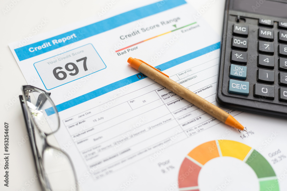 Credit report with score on a desk Credit report with score on a desk