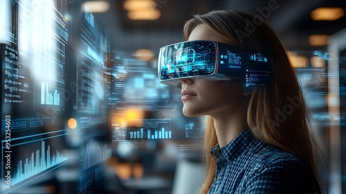 Woman Wearing VR Headset with Data Visualization