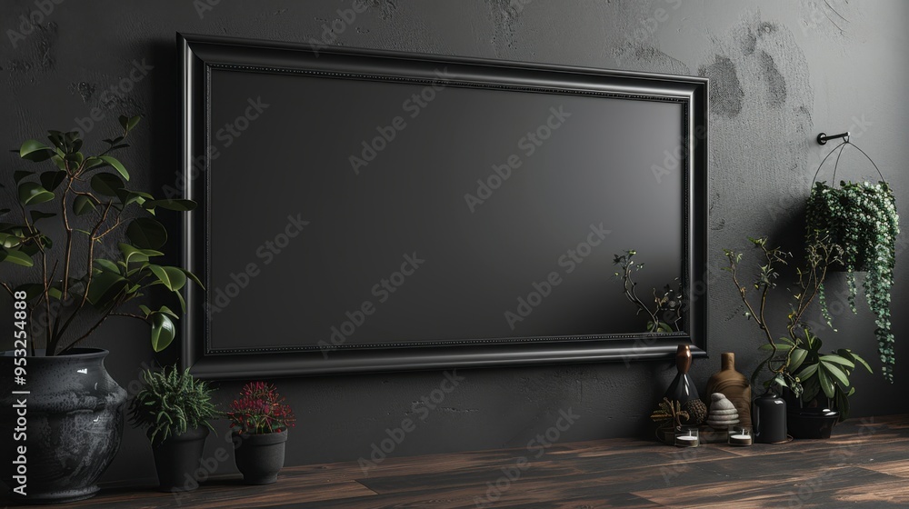 Modern interior with empty black frame on wall, Modern interior with empty black frame on wall,