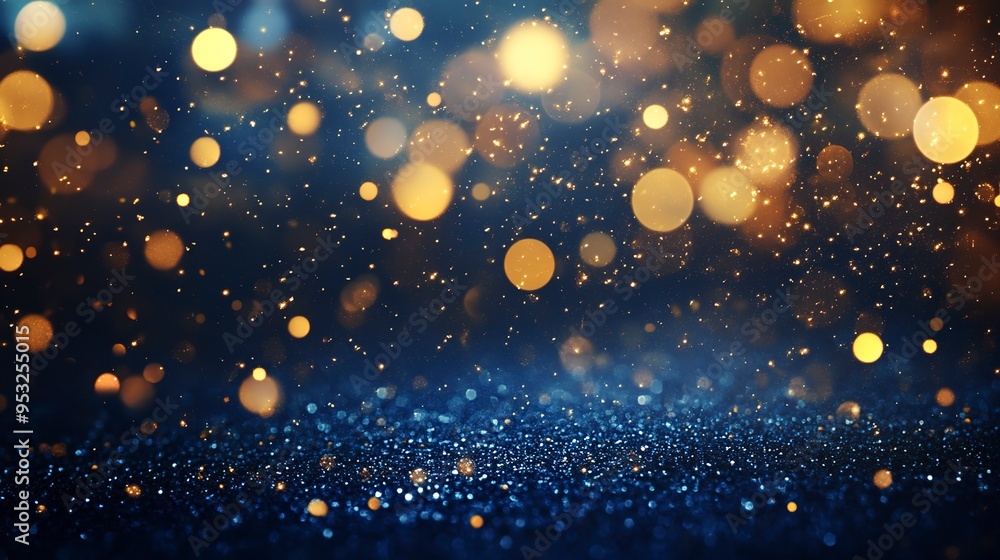 Festive celebration holiday christmas, new year, new year's eve banner template illustration - Abstract gold bokeh lights on dark blue background texture, de-focused Festive celebration holiday christmas, new year, new year's eve banner template illustration - Abstract gold bokeh lights on dark blue background texture, de-focused