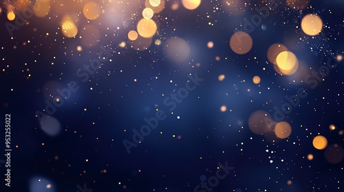 Festive celebration holiday christmas, new year, new year's eve banner template illustration - Abstract gold bokeh lights on dark blue background texture, de-focused 