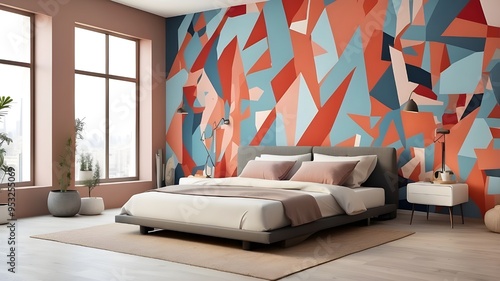 AI Generated Image. Modern loft bedroom interior with cubism decorated wall and comfortable double bed photo