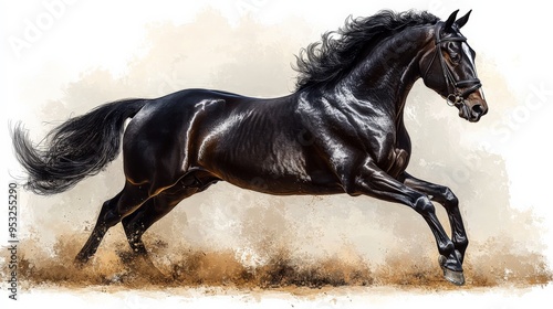 Black Stallion's Fury: A majestic black horse, mane and tail billowing, charges through a cloud of dust, its powerful muscles rippling beneath its sleek coat.  photo