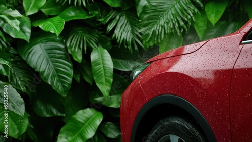 Car being washed with eco-friendly products, surrounded by green plants and natural elements, car washing, eco-friendly cleaning