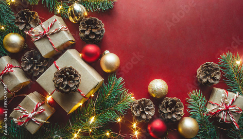 Christmas background with fir branches, pine cones, fairy light, gift boxes and Christmas balls. Flat lay, top view, copy space.