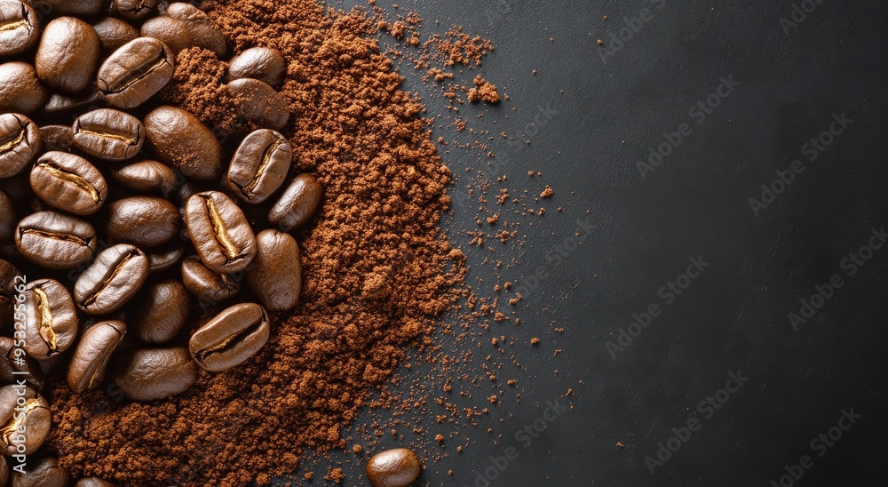 Freshly ground coffee beans on a dark surface ready for brewing morning coffee Freshly ground coffee beans on a dark surface ready for brewing morning coffee