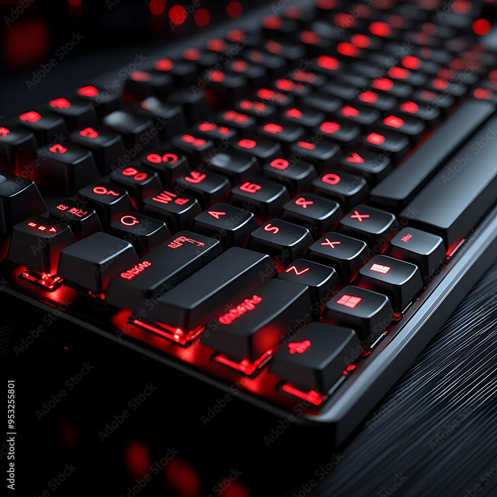 Black Keyboard with Red Backlit Keys - Gaming Keyboard Close-up Illustration Black Keyboard with Red Backlit Keys - Gaming Keyboard Close-up Illustration