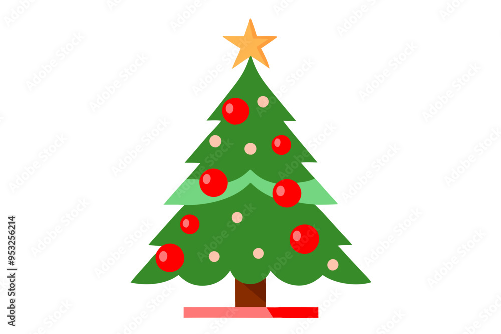 Naklejka premium It features a simple green cone shape with red and white ornaments. christmas tree vector