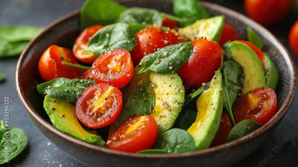 Fresh spinach and tomato salad with avocado in a rustic bowl on a dark kitchen countertop Fresh spinach and tomato salad with avocado in a rustic bowl on a dark kitchen countertop