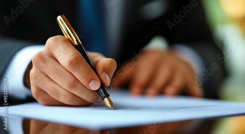 A business professional signing an important document in a modern office environment