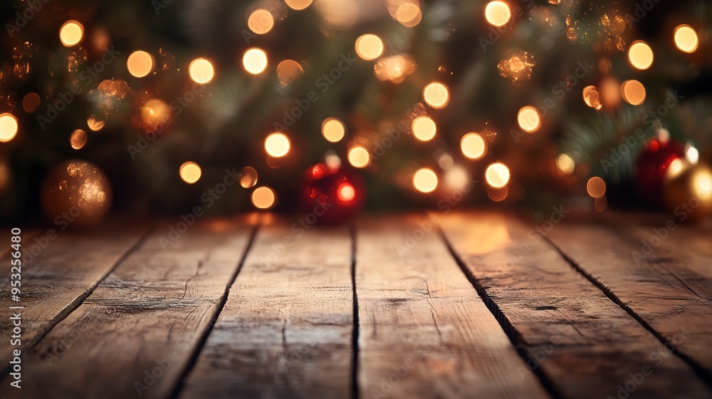 Christmas card with wood table top and blurred christmas trees with lights copy space Christmas card with wood table top and blurred christmas trees with lights copy space