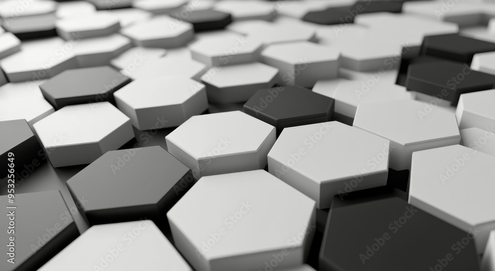 Abstract arrangement of black and white hexagonal tiles on a surface with a modern design Abstract arrangement of black and white hexagonal tiles on a surface with a modern design