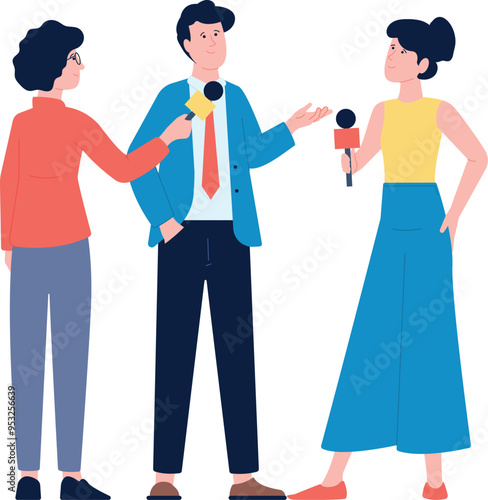 Reporters take interview. Professional journalist in social media