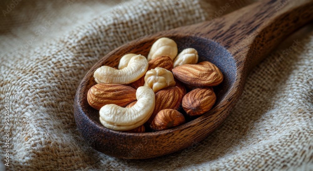 A wooden spoon holds an assortment of assorted nuts on a textured fabric background A wooden spoon holds an assortment of assorted nuts on a textured fabric background