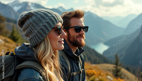 Smiling couple hikers posing in front of mountain scenery