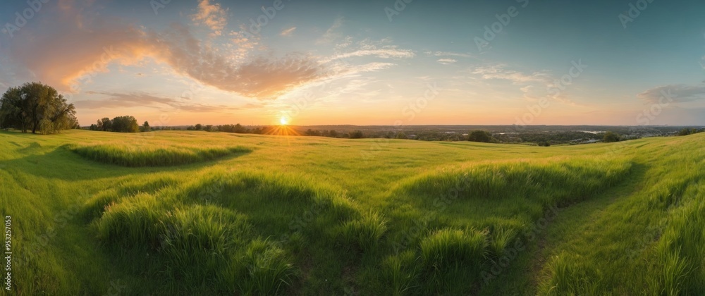 Sunset over lush green field with warm glow Sunset over lush green field with warm glow