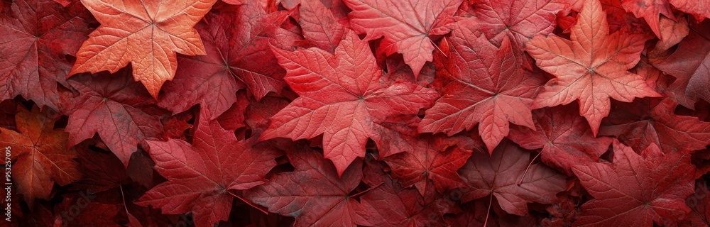 Vibrant red maple leaves creating a rich carpet during autumn in a forest setting Vibrant red maple leaves creating a rich carpet during autumn in a forest setting